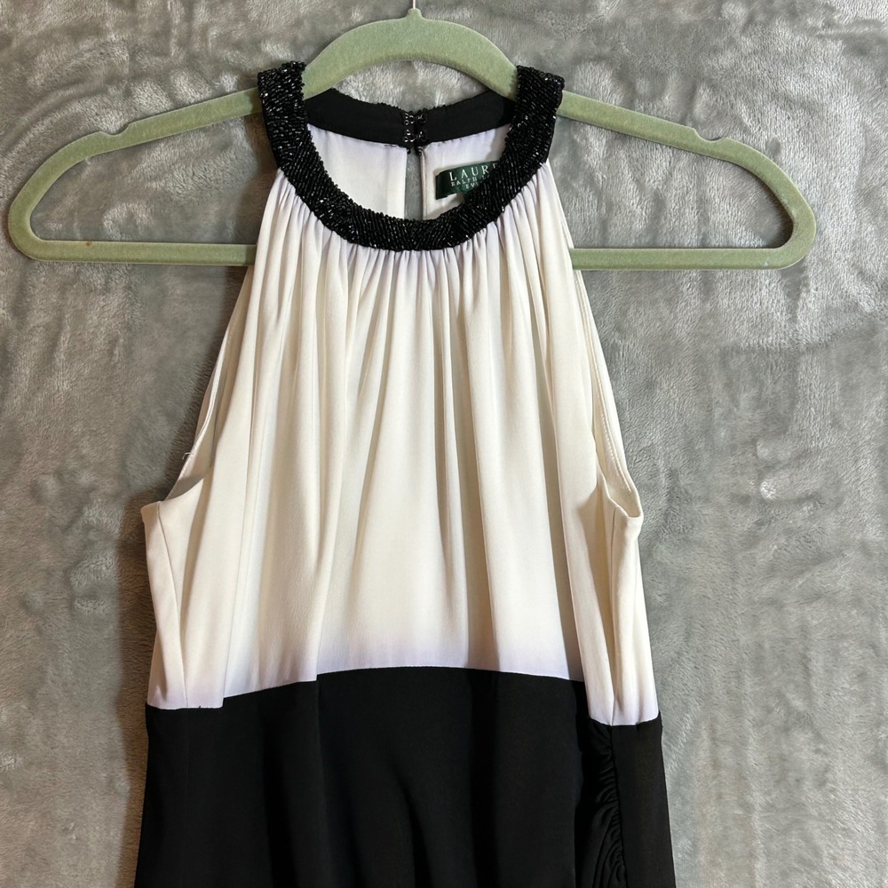 Lauren Ralph Lauren Evening Beaded Halter Color Block Maxi Gown Black White 6 - Picture 2 of 14